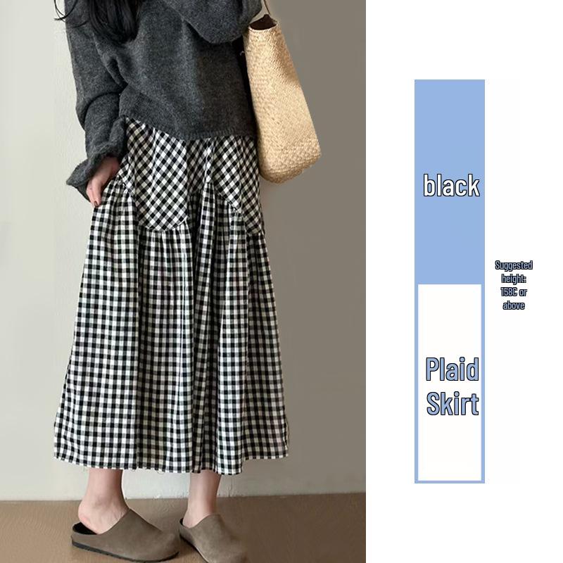 

Женская японская миди-юбка в синюю клетку: Весна 2025 Маленькое А-силуэтное плиссированное платье с завышенной талией, стройнящий дизайн Large чёрный