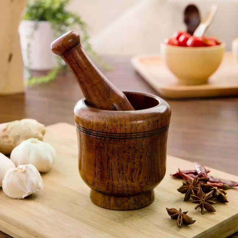 Wooden Grinding Bowl Household Kitchen Manual Garlic Ginger Spices Grinder Mortar Pestle Set