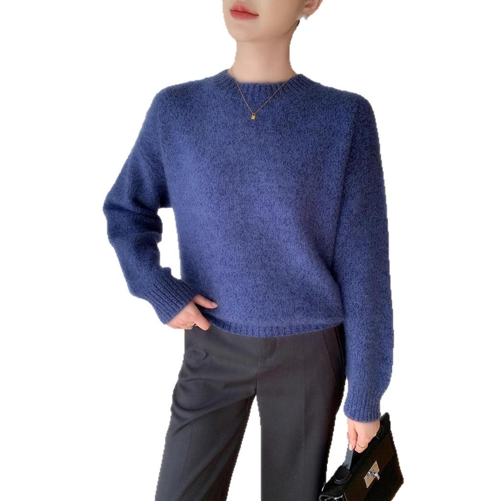 Women's Heather Yarn 100% Wool Round Neck Knit Pullover - Seven-Stitch, Long Sleeve, Lazy Style Base Layer
