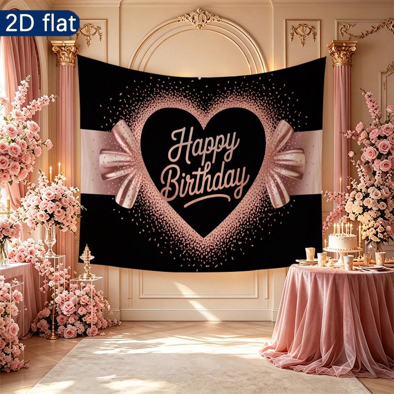 Birthday Rose Gifts Heart Party Backdrop, Polyester Banner for Wall Decor & Photo Props