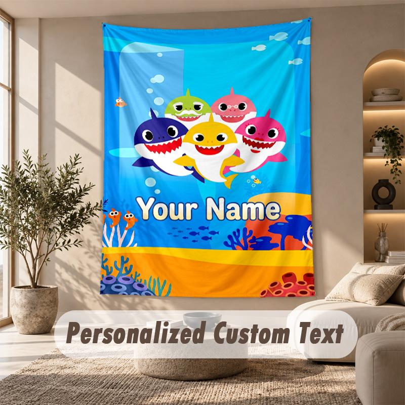 Baby Shark Tapestry, Personalized Custom Text, Wall Hanging Tapestry For Living Room Home Wall Decor