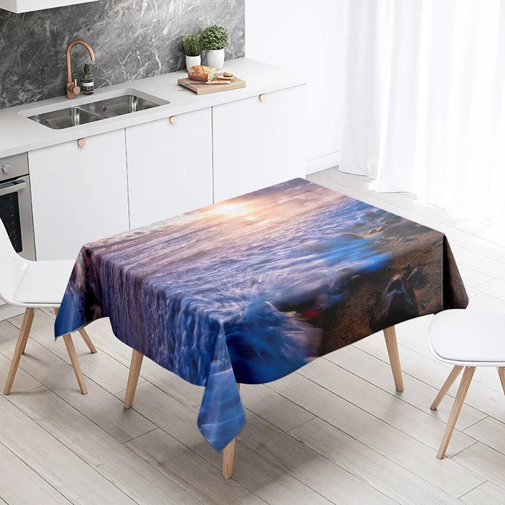 Tischdecke mit Meereslandschaft, Sonnenuntergang, schmutzabweisend, wasserdicht, rechteckig, für Küche, Esstisch, Heimdekoration