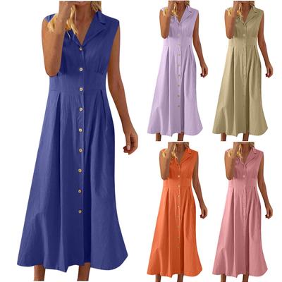 Leichtes Baumwoll-Leinen-Kleid für Damen, Sommer, Button-Down-Reverskragen, lässige ärmellose Kleider