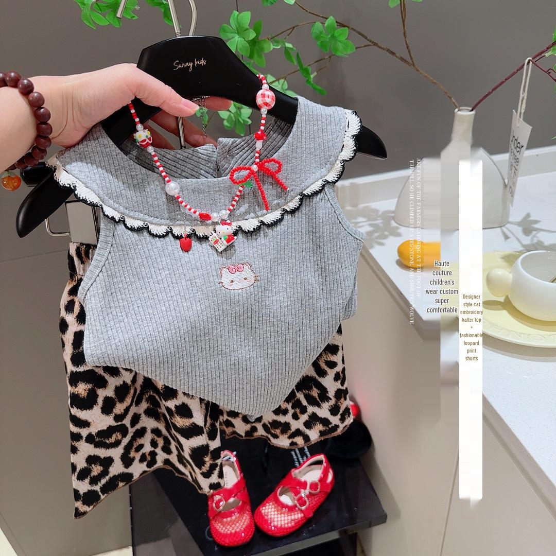 Girls Cat Embroidered Grey Vest & Leopard Print Shorts Set - 2026 Summer Lolita Collection 80 cm