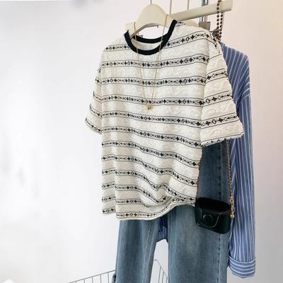 Hollow Jacquard Striped Short-sleeved T-shirt Fashionable Versatile and Thin On Clothes 2025 Summer Loose Niche Women's Clothing