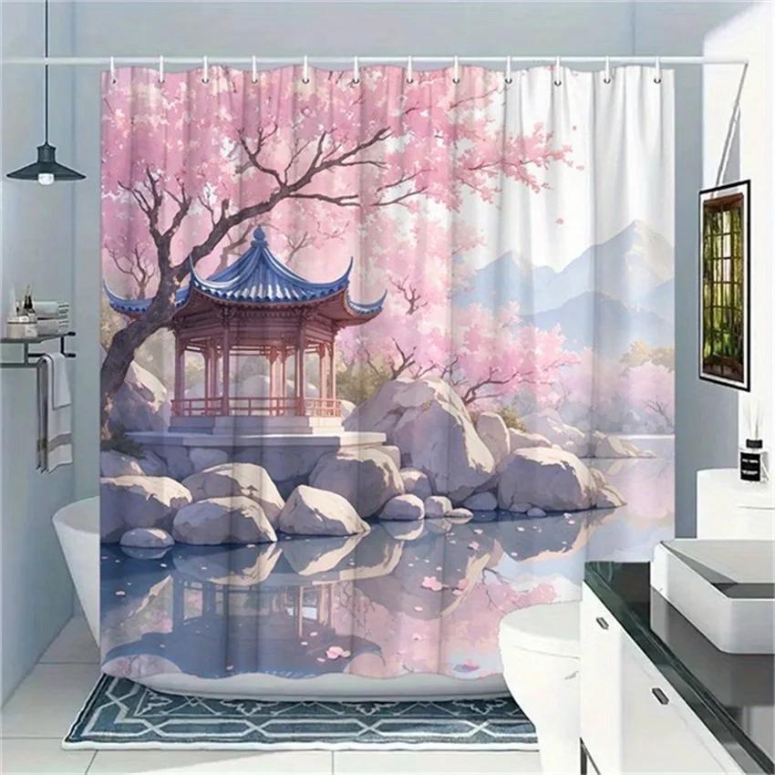 Zen Garden with Pagoda and Cherry Blossoms Shower Curtain - Water-Resistant, Easy to Clean, Adds a Peaceful and Oriental