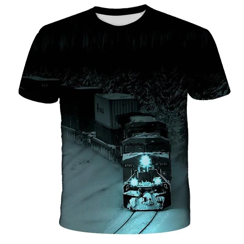 Fashion Trends Summer New Retro Train Engine Pattern Printed Men's T-shirt Street Fashion Cool Round Neck Plus Size Top