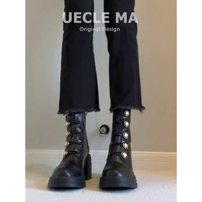 Cowhide version~ Badge small gold buckle boots Martin boots women's British 2025 new thick heel thin boots high heel short boots