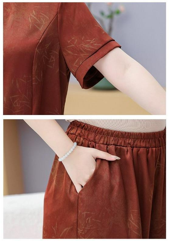 Summer Chinese Style Two-Piece T-Shirt Set for Middle-Aged Women - Plus Size, Loose Fit, Short Sleeve