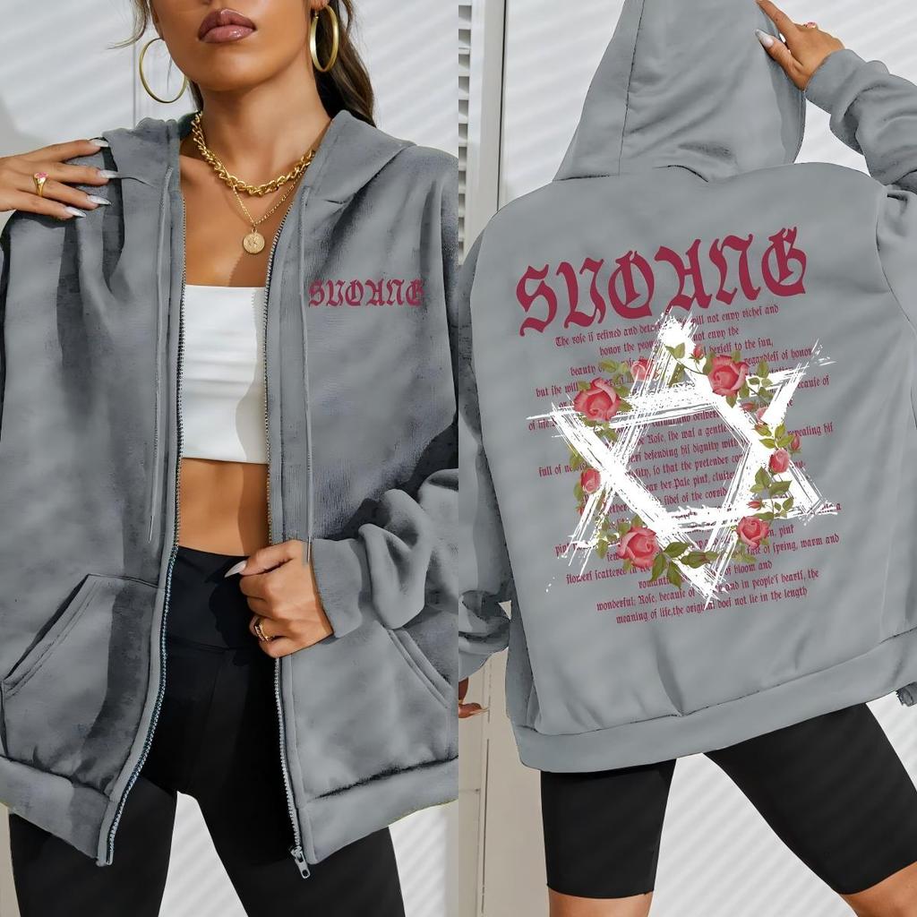 Flowers Wreath Art Letter Printed Women Zipper Hoodie Harajuku Fleece Hoody  Autumn Clothings Vintage Loose Streetwear