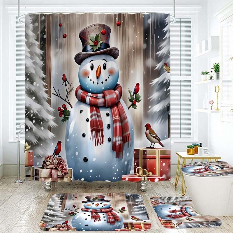 Weihnachtsgeschenke Badezimmer Duschvorhang Teppich Set Weihnachtsmann Schneemann Frohes Neues Jahr Polyester Duschvorhänge Badezimmer Dekor