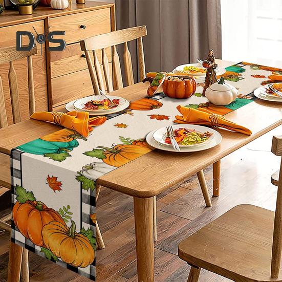 Thanksgiving Party Table Runner Pumpkin Sunflower Print Stain-Proof Reusable Table Protection Decoration Hotel Prom Banquet Table Runner