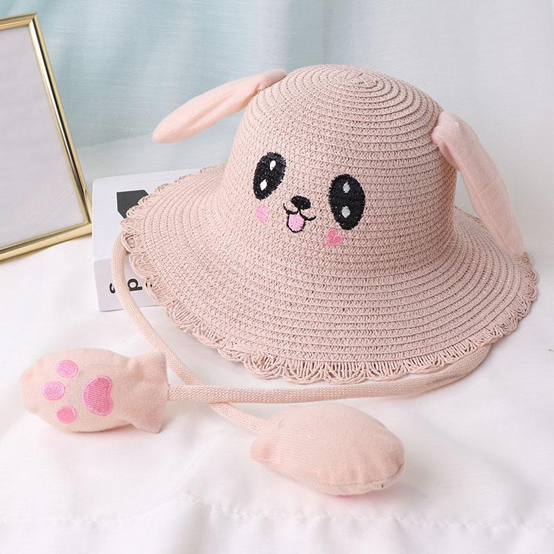 HUISHI Summer Hat For Baby Girl Straw Cute Cartoon Dance Airbag Ears Rabbit Hat For Kids Boy Girls Beach Panama Cap Foldable