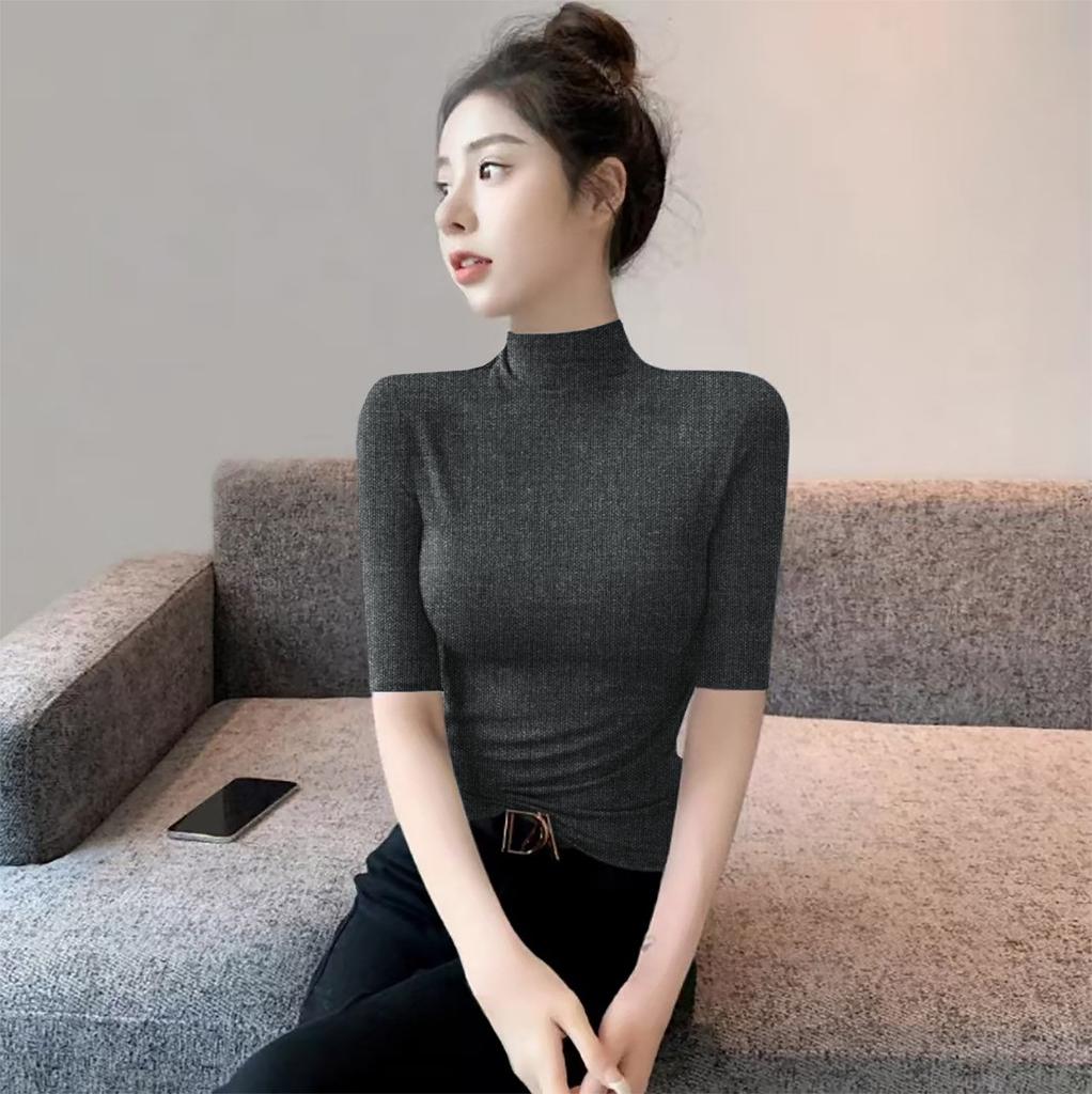 Women's Mock Neck Elbow Sleeve Solid Color Slim Fit Knit Top Korean Style Elegant Commuter Layering Shirt Multi Colors Optional