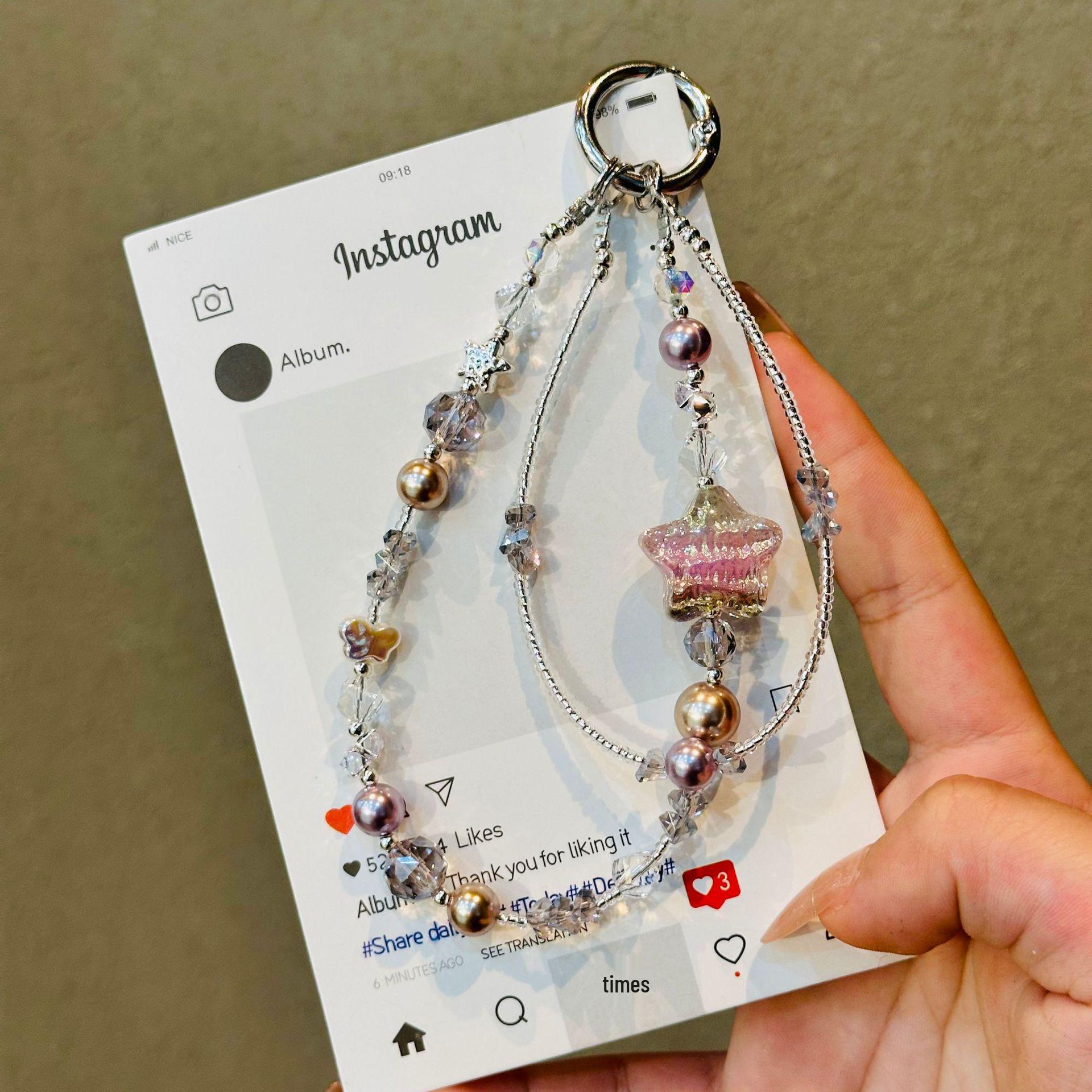 

Five-Pointed Star Beaded Crystal Keychain Pendant with Pearl Phone Case Chain