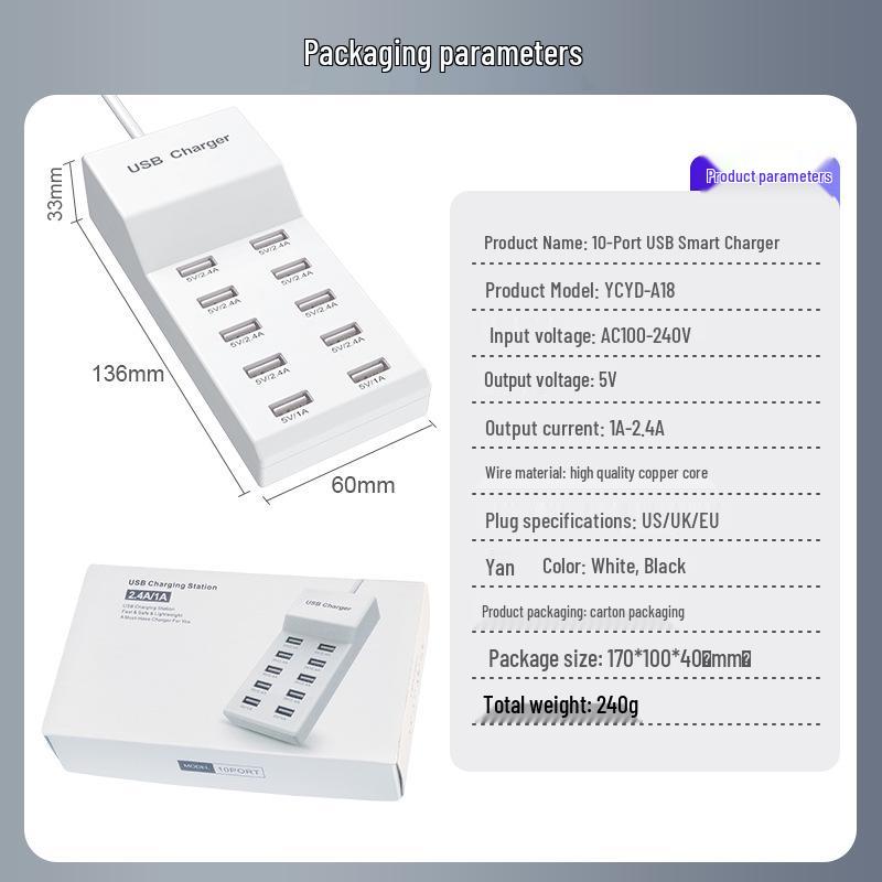 50W 10-Port USB Charger Power Strip for Apple & Xiaomi Devices