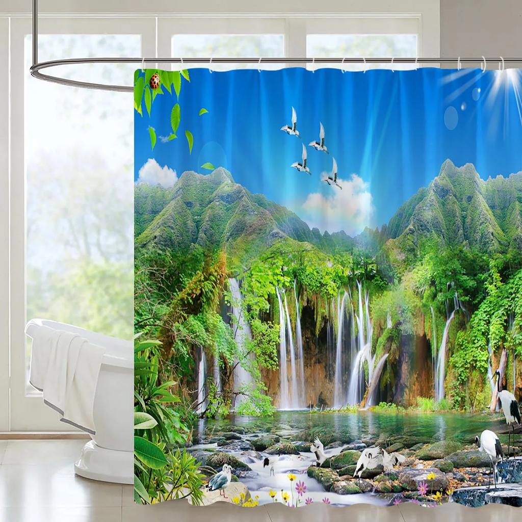 Mountain Forest Streams Natural Landscape Shower Curtain Set Waterfall Scenery View Plant Orchid Printing Bathroom Decor Curtain