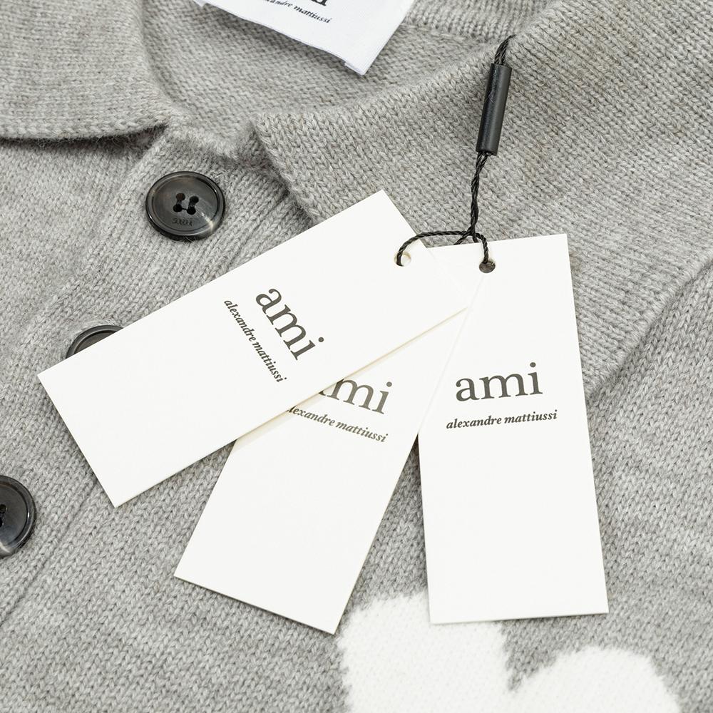 AMI White Heart-shaped Jacquard Alpaca Wool Blended Loose Sweater Polo Collar Men Pullover Sweater