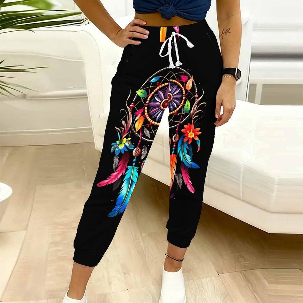 Summer Ladies Colorful Plants Printed Sweatpants Loose Fit Drawstring Joggers Elastic Cuff Daily Casual Pants