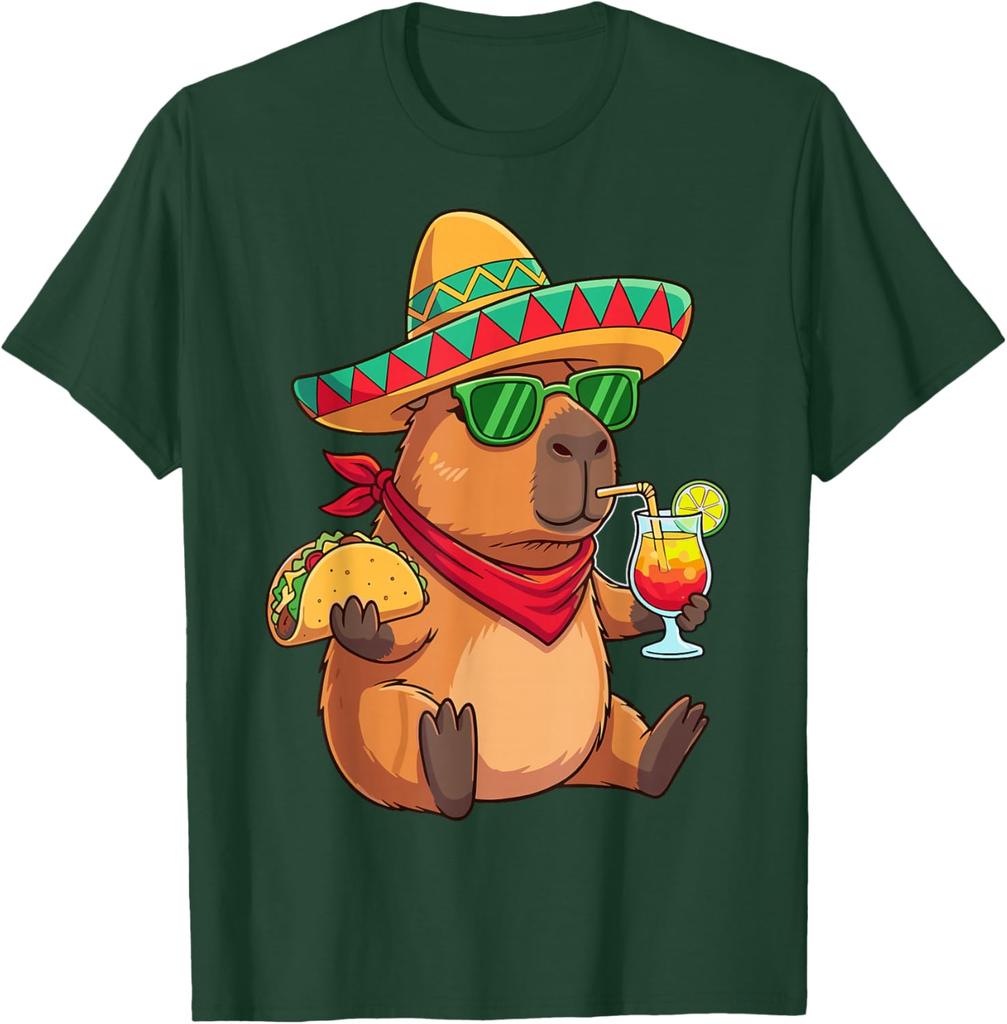 Capybara Sombrero Taco Drink Summer Fiesta Graphic Tee Shirt Casual Breathable Men