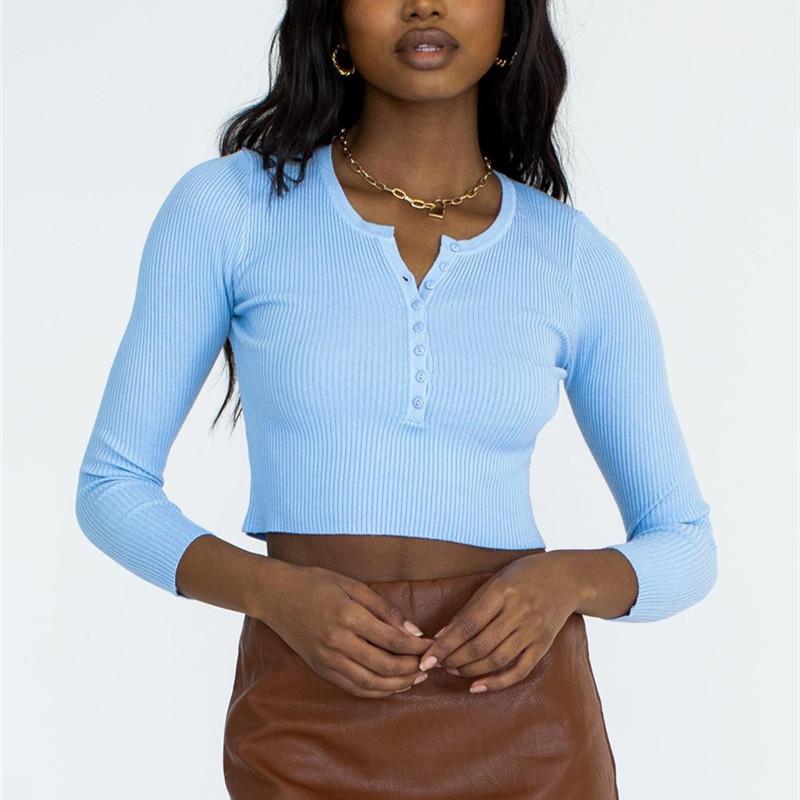 Spring Autumn Women Knit Skinny Casual Crop Tops Femme Vintage Front Buttons Slim Fit Pullover Chic T shirt