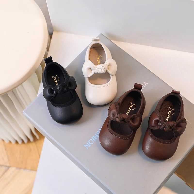 Baby Girls Walking Shoes Round Toes Non-slip Kids Flats Soft Sole 2025 New Girls Princess Shoes Solid Color Versatile Sweet Bows