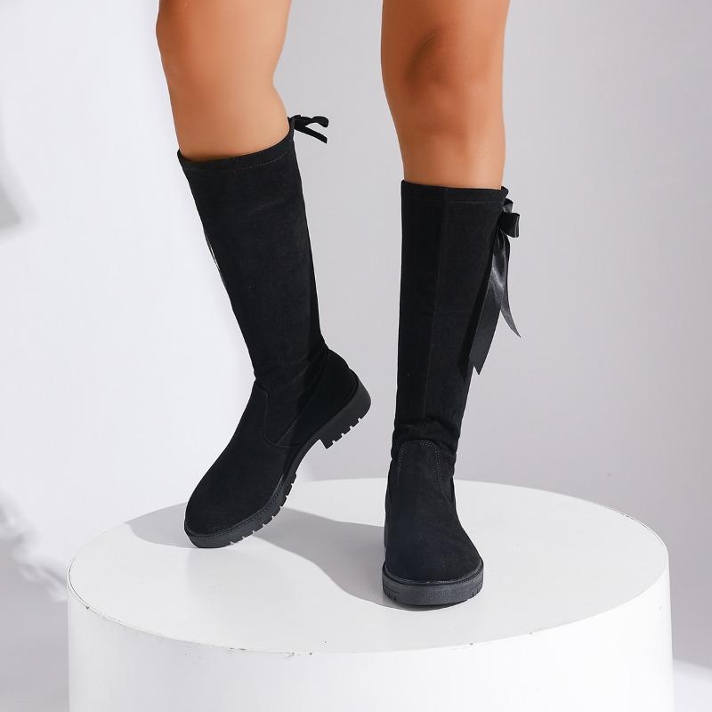 New Long Boots Autumn Foreign Air Suede Round Toe Back Thin Strap Bow Soft Sole Non-slip Wear-resistant Mid-heel High Boots