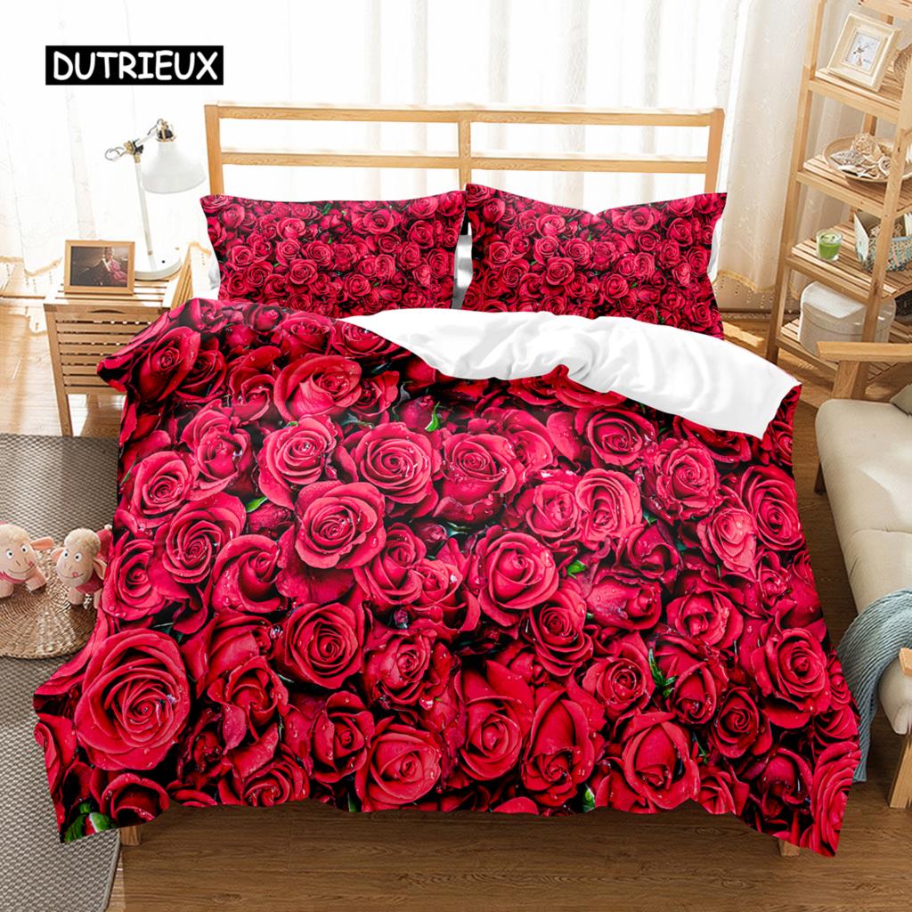Romantische Rose Bettbezug Twin Queen Floral Bettwäsche Set Mikrofaser Blüte Blumen Steppdeckenbezug für Valentinstag Hochzeitsdeko