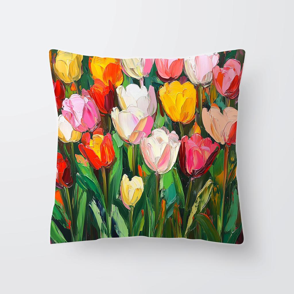 New Simple and Fashionable Tulip Flower Series Linen Single-sided Printed Pillow Case Sofa Decoration