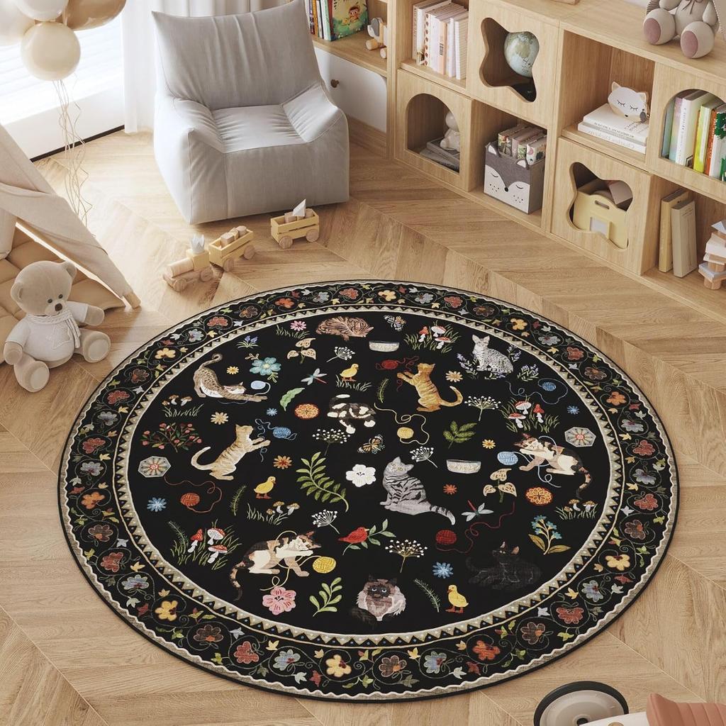 Runder Rosa Niedlicher Katzen Teppich Matte - Kinderzimmer Schlafzimmer Spielzimmer Teppich Dekoration, Blume Schmetterling Heimdekoration Teppich