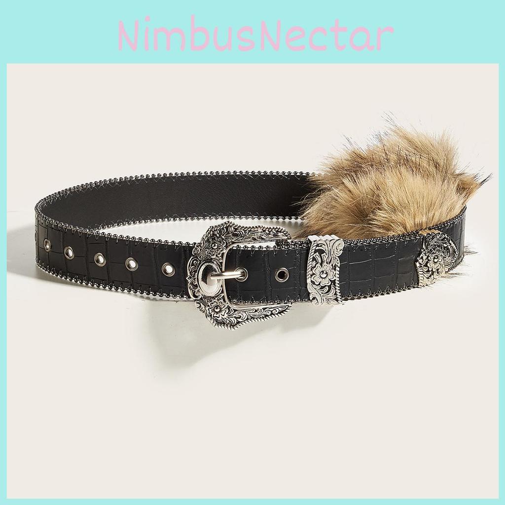 Pu Leather Wide Belt With Metallic Buckle And Plush Design For Fashionable Women Fall Style