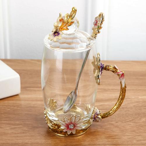 Emaliowany Kolorowy Kubek do Herbaty z Kwiatami Domowy Kubek do Wody Salonowy Kubek do Kawy Kryształowy Szklany Kubek do Herbaty z Pokrywką i Łyżeczką Naczynie do Napojów z Uchwytem