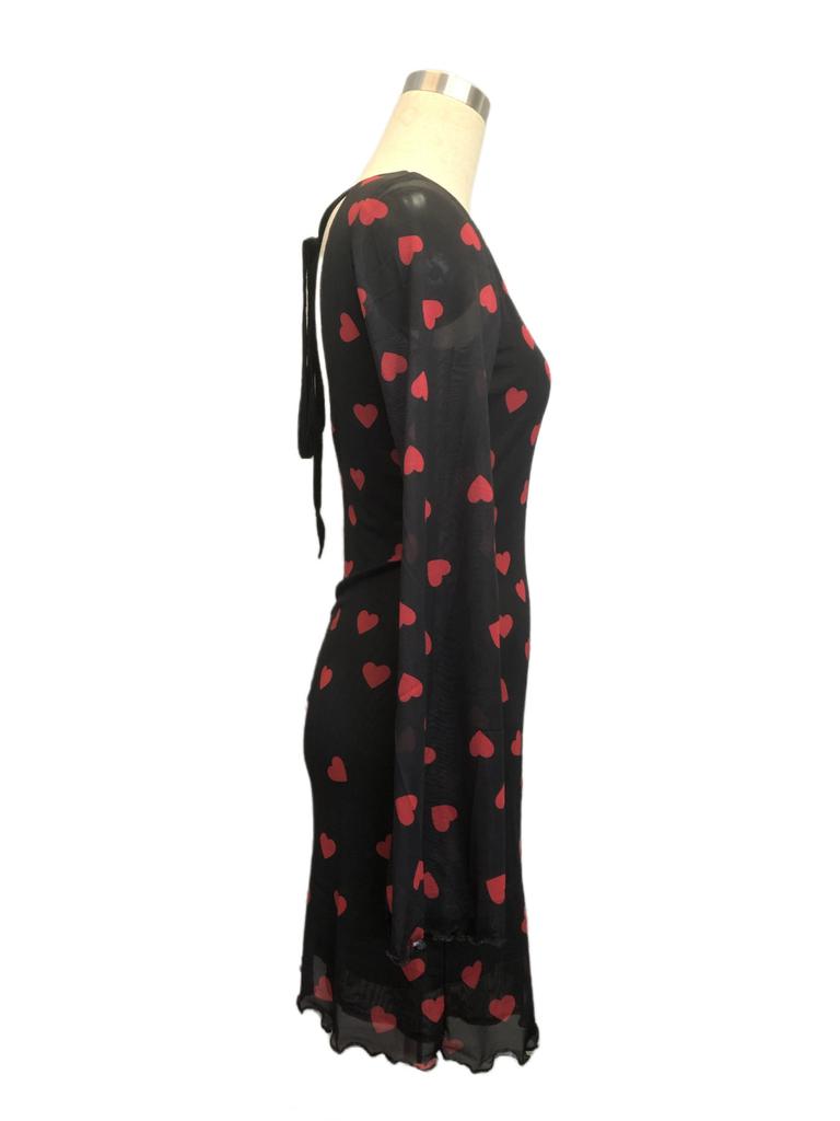 Spring Women Heart Print Bell Sleeve Backless Mesh Dress Mature Style French Retro Patchwork Slim Sexy Elegant Women Maxi Dress