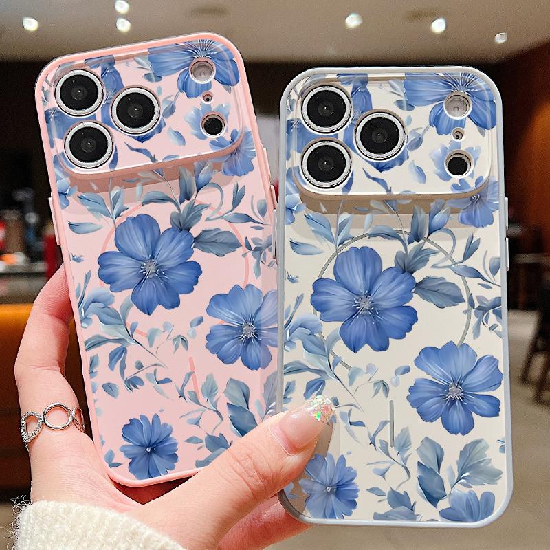 Magnetic For Magsafe Case For iPhone 17 Pro Max Pale Blue Flowers Pattern Skin Feeling Cover For iPhone 16 15 14 13 Pro Max