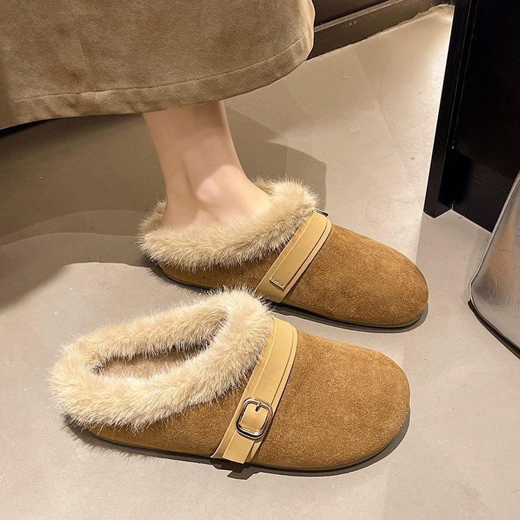 Birkenstock fluffy slippers wear new autumn and winter velvet warm bag head half slippers