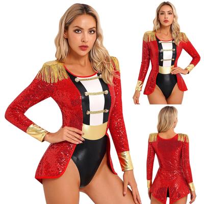 Women Steampunk Circus Ringmaster Role Play Magician Costume Allover Sequin Swallow-Tailed Cosplay Bodysuit Carnival Fancy Dress Ball