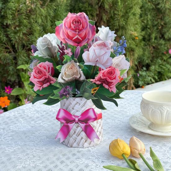 3D Pop Up Flower Bouquet Card Paper Flower Vase Greeting Cards for Mother's Day Congratulations Graduation Anniversary Birthday