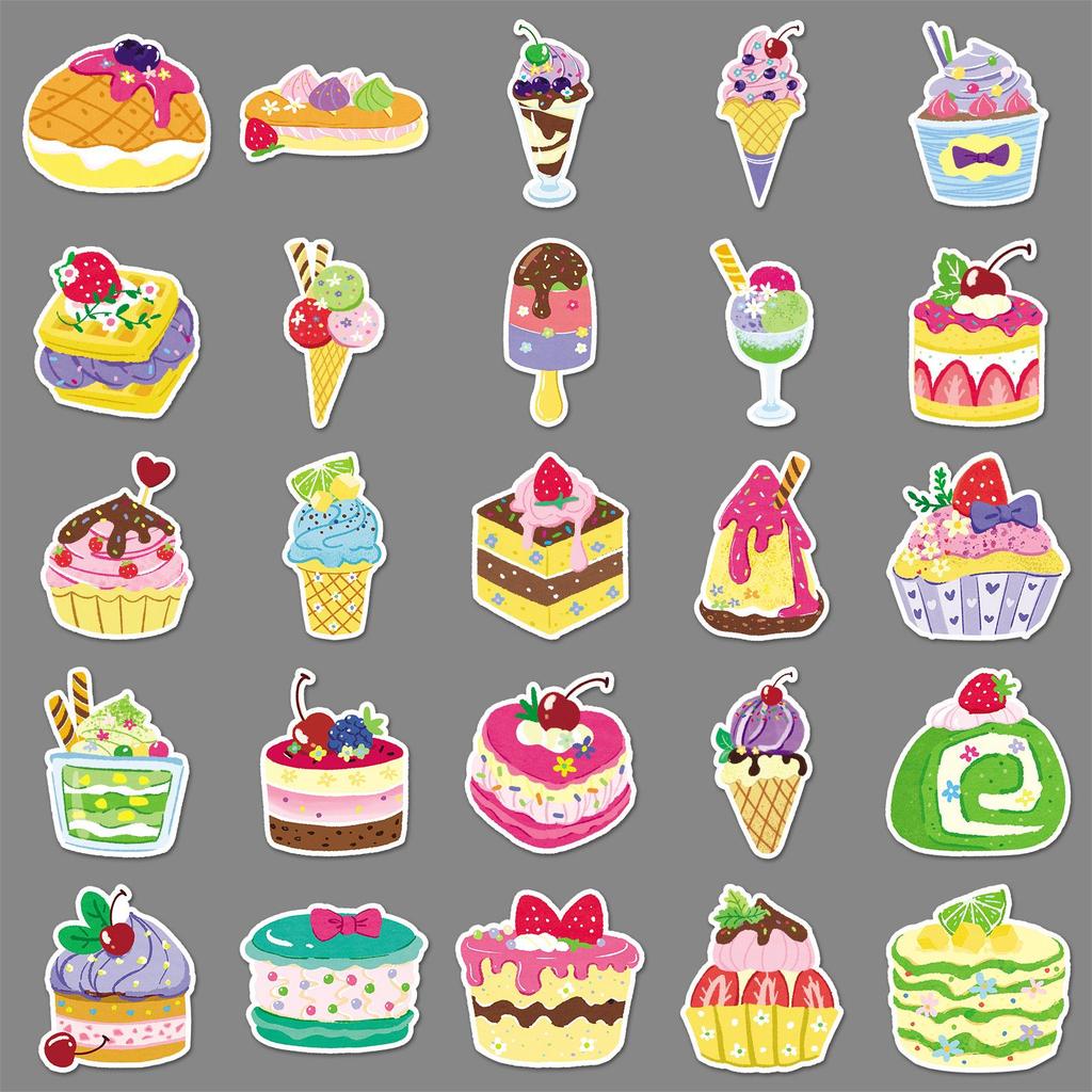 50 Original Dessert Stickers - Cute Hand-Painted Waterproof Food & Cake Designs