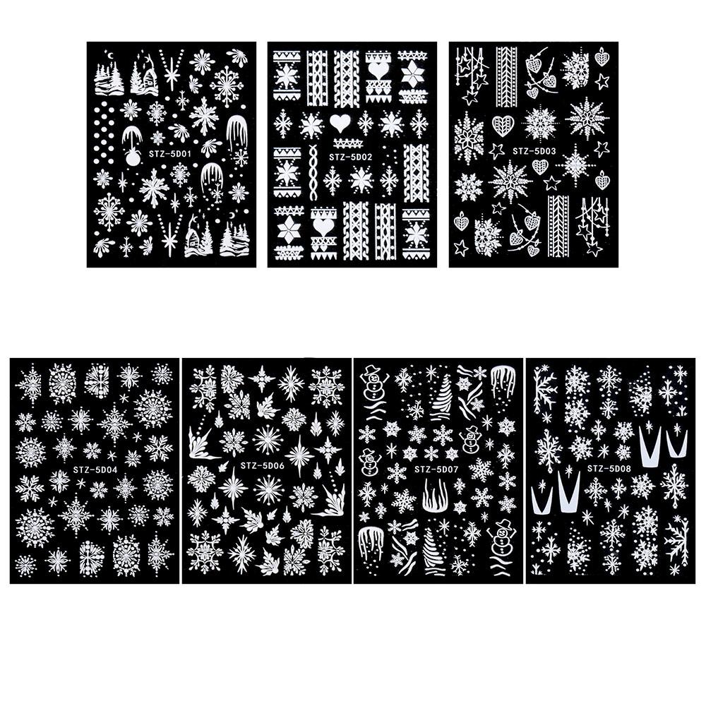 Slider Decals White Charms Flower New Year Design 5D Embossed Snowflakes Nail Sticker Christmas