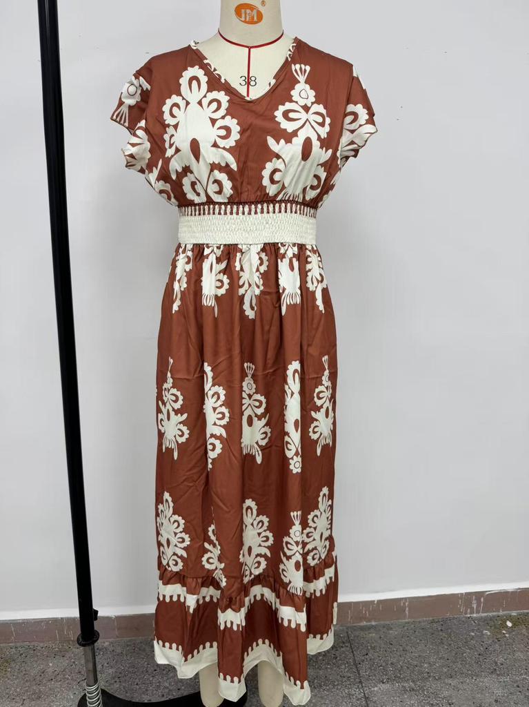 2025 European and American V-neck Waist-Cinching Summer Print Long Dress for Women