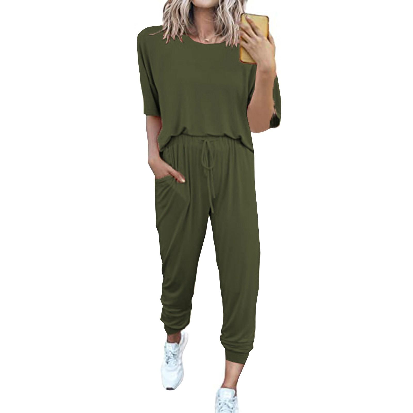 

Женский свободный пуловер с круглым вырезом, повседневный модный костюм с короткими рукавами и длинными брюками XXL