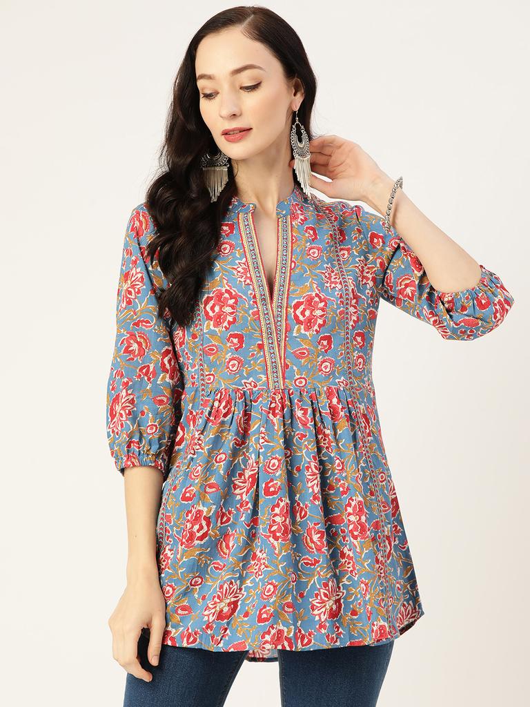 Turquoise Print Mandarin Collar Empire Pure Cotton Longline Top