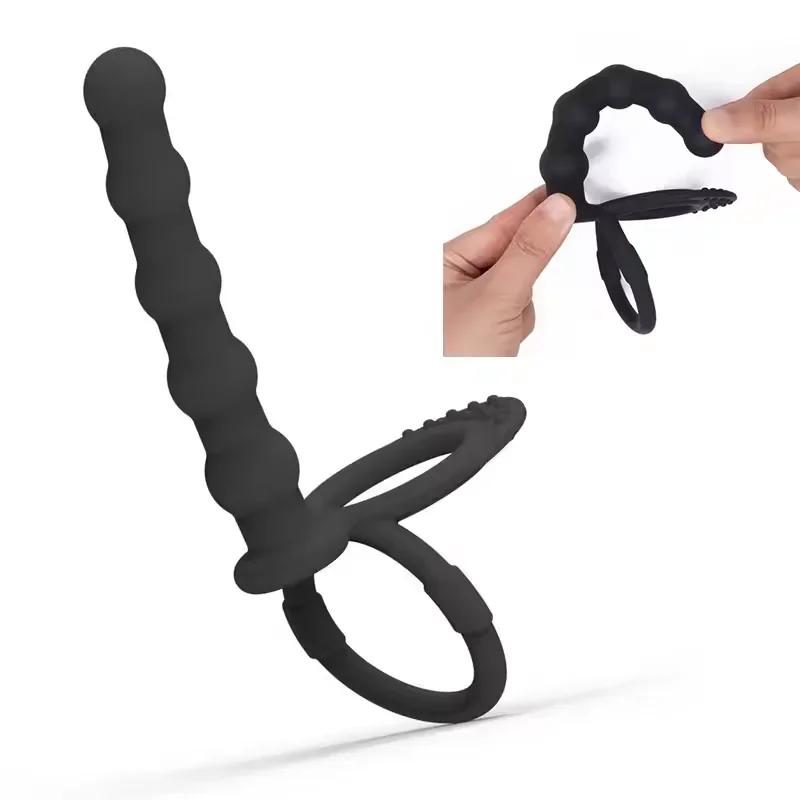Double Penetration Anal Plug Couples Silicone Pull Beads with Penis Ring Delayed Ejaculation Butt Plug Cock Ring Masturbator Toy