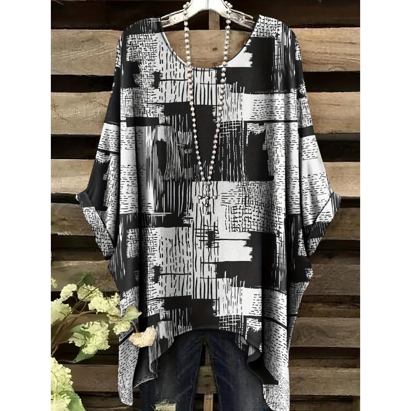 Women's Striped Checkered 3D Printed T-Shirt Summer Round Neck Casual Fashion Women's Loose Asymmetrical Hem Street Tops