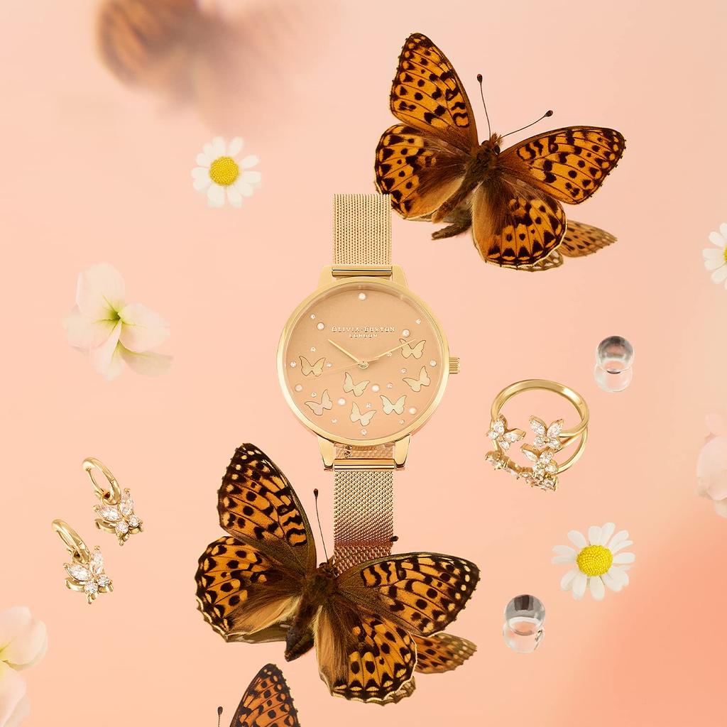 Distribuidora autorizada Olivia Burton Relógio Feminino OB16MB37 Sparkle Butterfly Demi Gold Mesh Cinza Mostrador Branco Madrepérola Borboleta [OLIVIA BURTON]