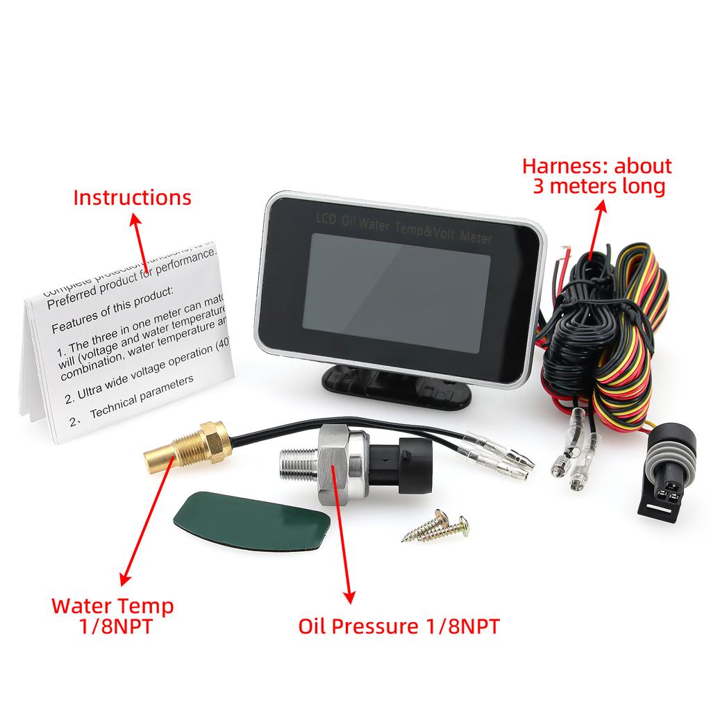 3 in 1 Car LCD Meter Digital Oil Pressure Voltage Gauge Water Temperature Gauge With temp press sensor for Car Truck SUV 12V/24V
