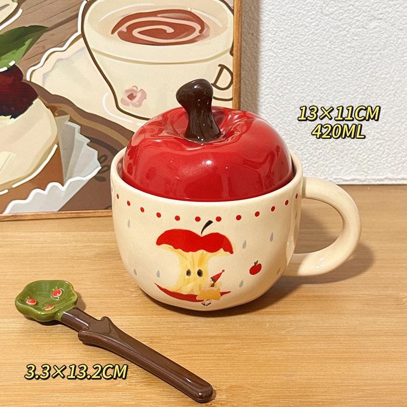 

Cute Breakfast Cup with Lid Spoon In Office Drinking Water Couple Water Cup Birthday Gift Women Apple Ceramic Cup Mug 420ml