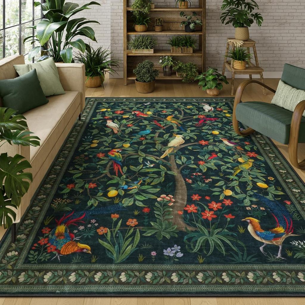 Green Living Room Carpet Bedroom Bedside Floor Mat Large Area Machine Washable Carpets Forest Bird Spring Home Decoration Rug