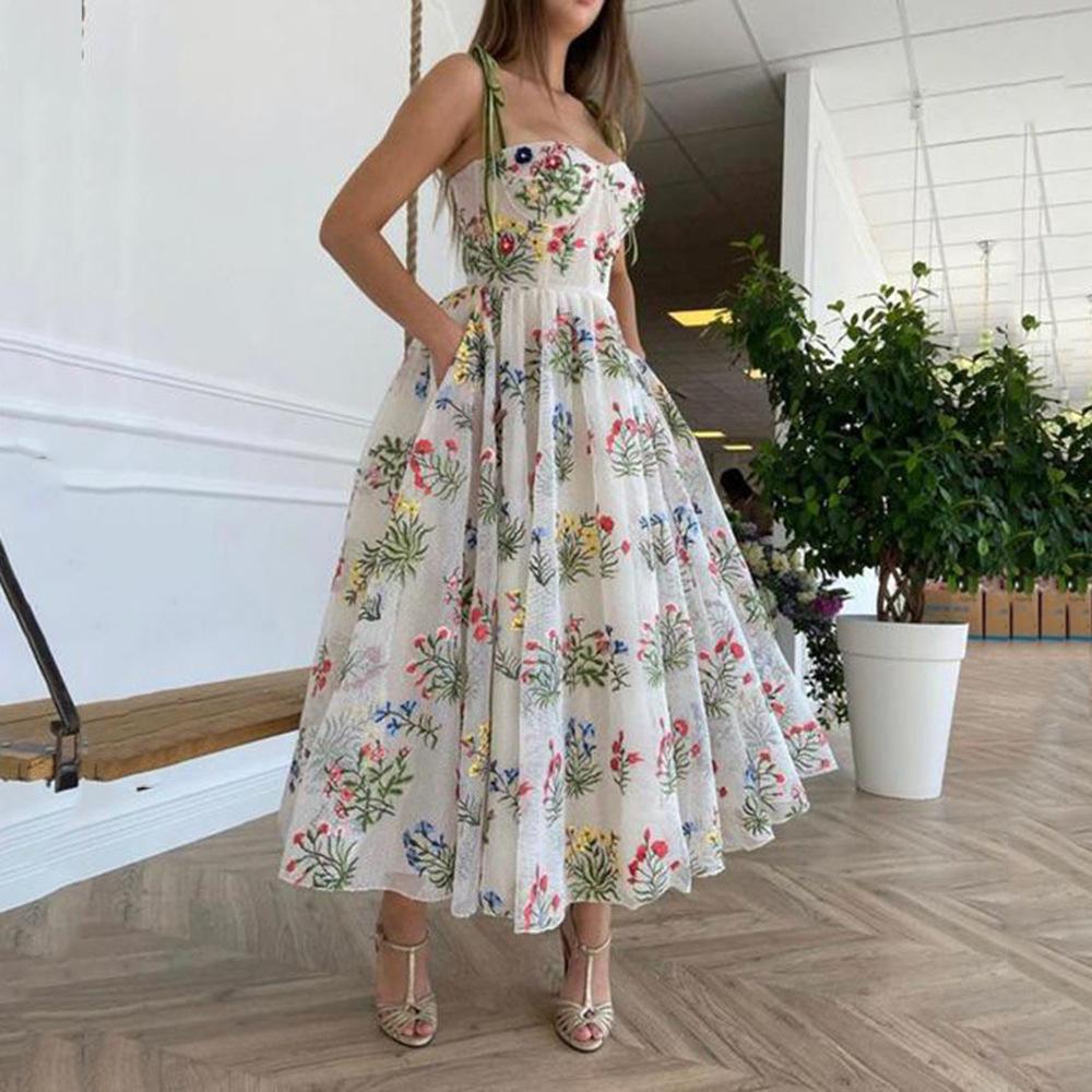 New European and American Women's Clothing Waist Sexy Cross Belt Halter Suspender Skirt Embroidery Dress Long Dress Spring