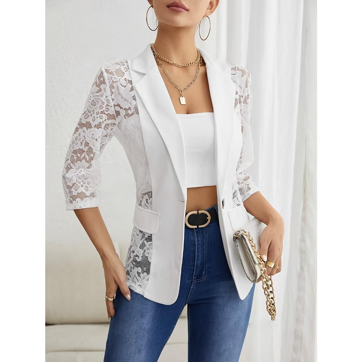 Women s Lapel Three Quarter Sleeve Lace Patchwork Regular Fit Elegant Blazer Jacket S белый